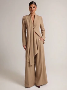 SHEIN BAE 女款純色披肩領繫帶設計夾克與寬腿褲優雅套裝 - 卡其色 - 查看 1