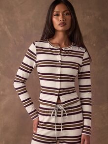 SHEIN BAE Women's Striped Crew Neck Long Sleeve Single-Breasted Casual T-Shirt - Apricot - View 7
