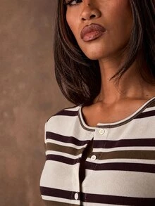 SHEIN BAE Women's Striped Crew Neck Long Sleeve Single-Breasted Casual T-Shirt - Apricot - View 6