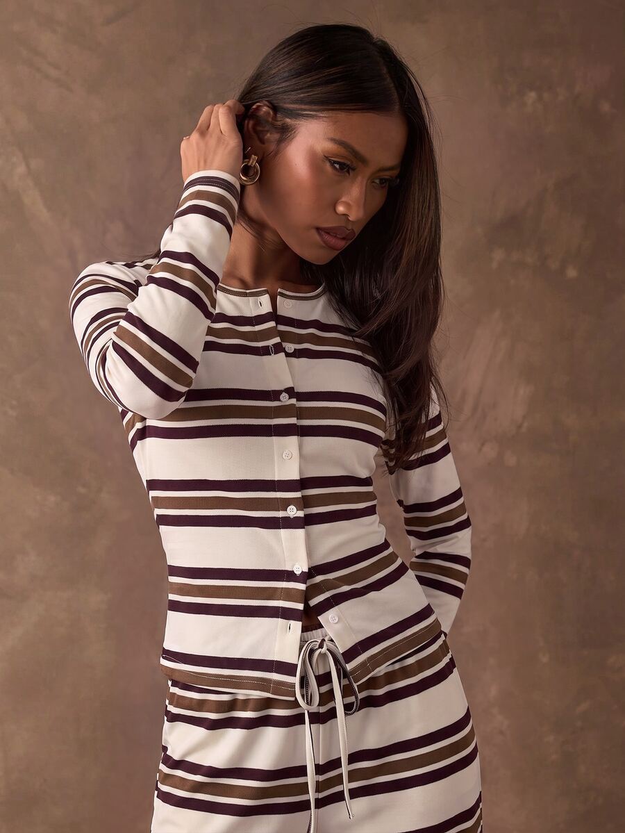 SHEIN BAE Women's Striped Crew Neck Long Sleeve Single-Breasted Casual T-Shirt - Apricot - View 1