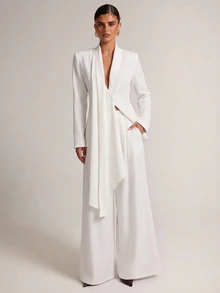 SHEIN BAE 女款純色長袖不對稱下擺夾克與寬腿褲套裝 - 白色 - 查看 1