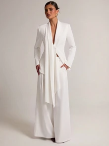 SHEIN BAE 女款純色長袖不對稱下擺夾克與寬腿褲套裝 - 白色 - 查看 4