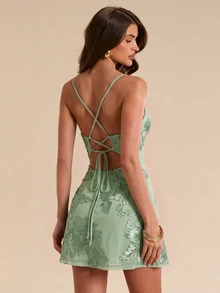 SHEIN BAE Spring/Summer Solid Brown Textured Jacquard Fitted Slim Cowl Neck Backless Tie-Up Mini Dress For Women, Summer Vacation Beach Mini Dress, Brown Dress - Mint Green - View 2