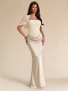 SHEIN BAE 春/夏純色披肩式修身網紗與緞面優雅修身晚禮服女款，早午餐洋裝，婚禮賓客禮服，社交活動洋裝，夏季洋裝，棕色長洋裝，婚禮派對洋裝，生日雞尾酒洋裝，優雅洋裝 - 杏色 - 查看 5