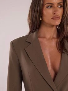 SHEIN BAE 女款純色翻領長袖雙排扣夾克與長褲休閒套裝 - 棕色 - 查看 7