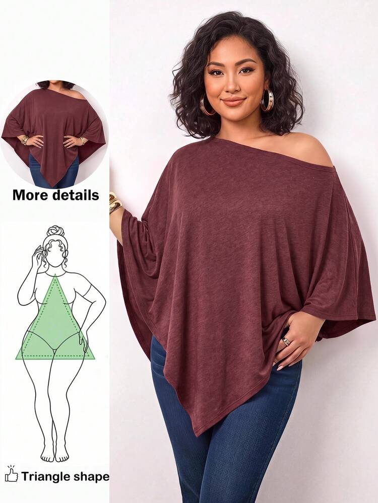 Enliva Plus-Size Knitted One-Shoulder Asymmetrical Pleated Cape Top - Burgundy - View 1