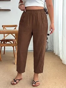Enliva 大尺碼女款夏季休閒七分褲/長褲，附口袋設計，適合度假、外出、通勤及各種場合 - 咖啡棕 - 查看 4