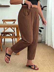 Enliva 大尺碼女款夏季休閒七分褲/長褲，附口袋設計，適合度假、外出、通勤及各種場合 - 咖啡棕 - 查看 5