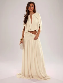 SHEIN BAE CURVE Plus Size Gentle Versatile Pleated Maxi Skirt For Date And Vacation - Apricot - View 6