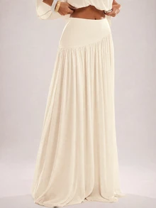 SHEIN BAE CURVE Plus Size Gentle Versatile Pleated Maxi Skirt For Date And Vacation - Apricot - View 3
