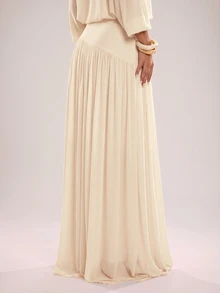 SHEIN BAE CURVE Plus Size Gentle Versatile Pleated Maxi Skirt For Date And Vacation - Apricot - View 2
