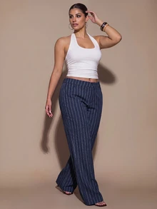 SHEIN BAE CURVE 大尺碼女款條紋修身西裝長褲 - 藏蓝色 - 查看 5