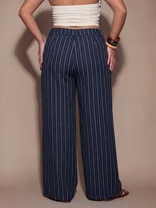 SHEIN BAE CURVE 大尺碼女款條紋修身西裝長褲 - 藏蓝色 - 查看 4