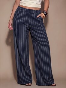 SHEIN BAE CURVE 大尺碼女款條紋修身西裝長褲 - 藏蓝色 - 查看 2