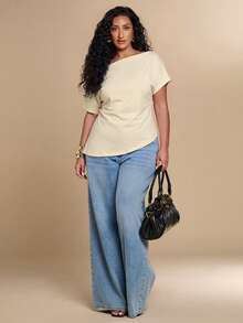 SHEIN BAE CURVE Plus Size Women's Solid Color Asymmetrical Shoulder Short Sleeve Ruched Casual T-Shirt - Apricot - View 7