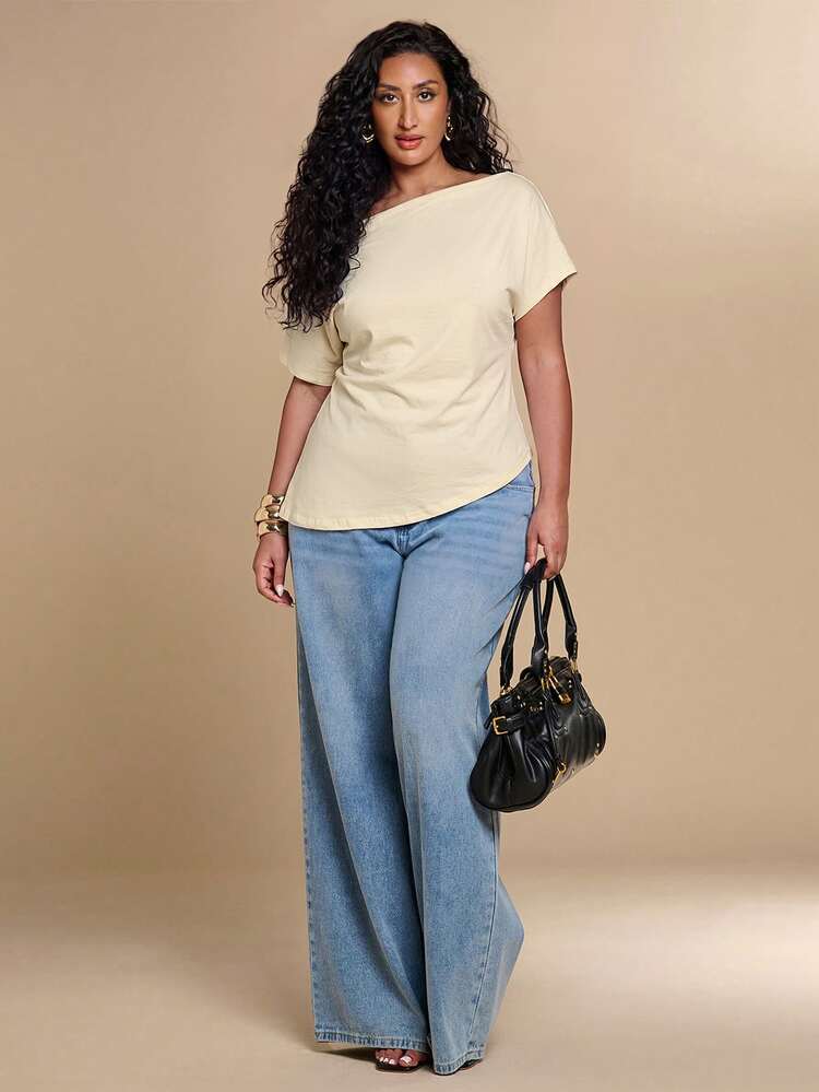 SHEIN BAE CURVE Plus Size Women's Solid Color Asymmetrical Shoulder Short Sleeve Ruched Casual T-Shirt - Apricot - View 7