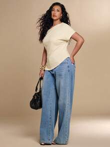 SHEIN BAE CURVE Plus Size Women's Solid Color Asymmetrical Shoulder Short Sleeve Ruched Casual T-Shirt - Apricot - View 5
