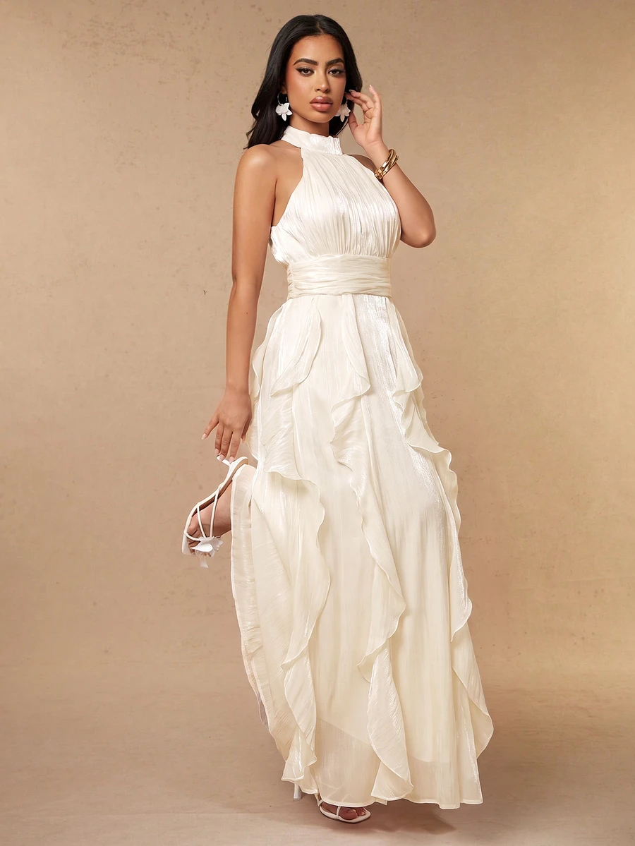 Silquee Women's Solid Color Pleated Patchwork Ruffle Elegant Halter Neck Dress - Apricot - View 1