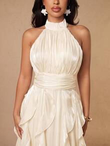 Silquee Women's Solid Color Pleated Patchwork Ruffle Elegant Halter Neck Dress - Apricot - View 5