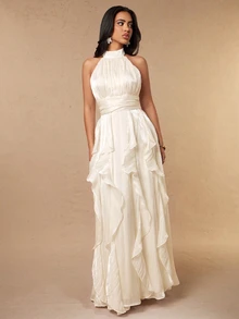 Silquee Women's Solid Color Pleated Patchwork Ruffle Elegant Halter Neck Dress - Apricot - View 4