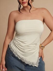 SHEIN BAE CURVE 大尺碼女款棕色與黑色蕾絲細肩帶背心，優雅細肩帶上衣，不對稱上衣 - 杏色 - 查看 7