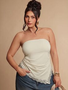 SHEIN BAE CURVE 大尺碼女款棕色與黑色蕾絲細肩帶背心，優雅細肩帶上衣，不對稱上衣 - 杏色 - 查看 3