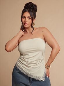 SHEIN BAE CURVE 大尺碼女款棕色與黑色蕾絲細肩帶背心，優雅細肩帶上衣，不對稱上衣 - 杏色 - 查看 6