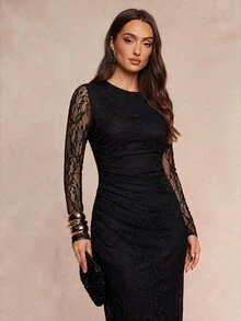 Silquee 女款優雅蕾絲百褶洋裝，適合約會與晚宴派對 - 黑色 - 查看 4
