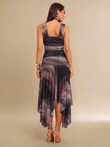 Silquee Women's Elegant Vintage Tie-Dye Asymmetrical Hem Dress - Multicolor - View 2