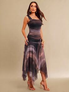 Silquee Women's Elegant Vintage Tie-Dye Asymmetrical Hem Dress - Multicolor - View 5