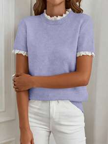 Isle Nomé Elegant Lace Light Blue Crew Neck Lace Trim Knit Short Sleeve Sweater, Suitable For Commuting, Home, And Daily Wear, Autumn Teachers' Day Office - Purple - View 3