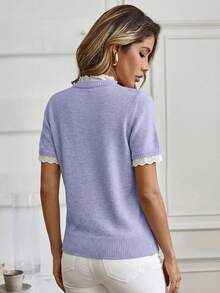 Isle Nomé Elegant Lace Light Blue Crew Neck Lace Trim Knit Short Sleeve Sweater, Suitable For Commuting, Home, And Daily Wear, Autumn Teachers' Day Office - Purple - View 2