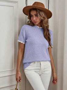 Isle Nomé Elegant Lace Light Blue Crew Neck Lace Trim Knit Short Sleeve Sweater, Suitable For Commuting, Home, And Daily Wear, Autumn Teachers' Day Office - Purple - View 8