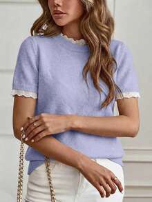 Isle Nomé Elegant Lace Light Blue Crew Neck Lace Trim Knit Short Sleeve Sweater, Suitable For Commuting, Home, And Daily Wear, Autumn Teachers' Day Office - Purple - View 7