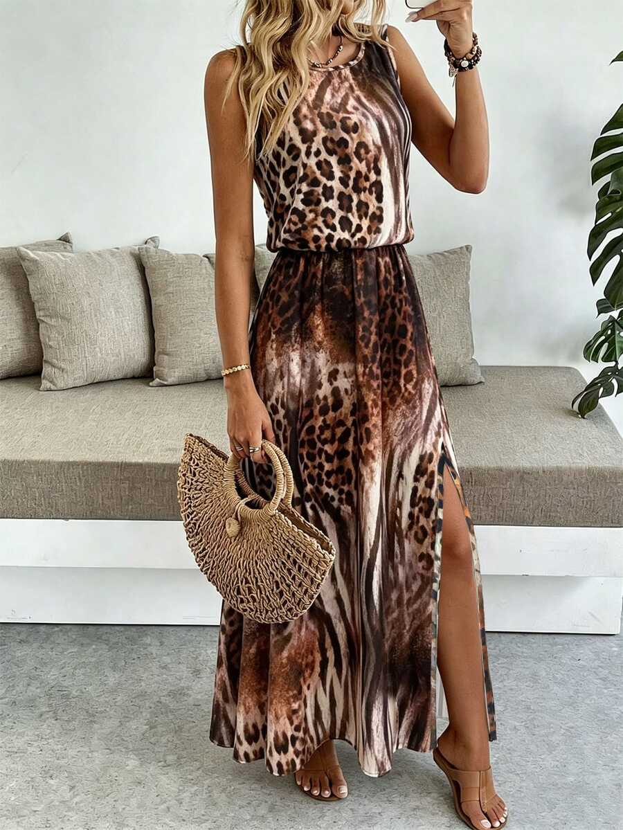 SHEIN 女款無袖圓領素色休閒通勤長洋裝，收腰設計搭配開衩下擺，女裝套裝