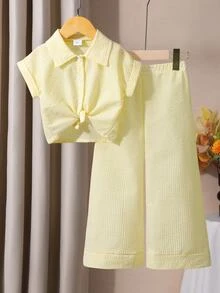 SHEIN 2件套女童条纹翻领无袖开衫和直筒裤套装 - 黃色 - 查看 4