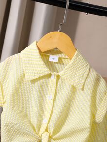 SHEIN 2件套女童条纹翻领无袖开衫和直筒裤套装 - 黃色 - 查看 9