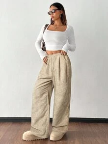 SHEIN PETITE 女款秋冬街頭時尚休閒復古燈芯絨紋理褲，針織鬆緊腰寬鬆女用亞麻寬腿褲，適合嬌小女性 - 卡其色 - 查看 5