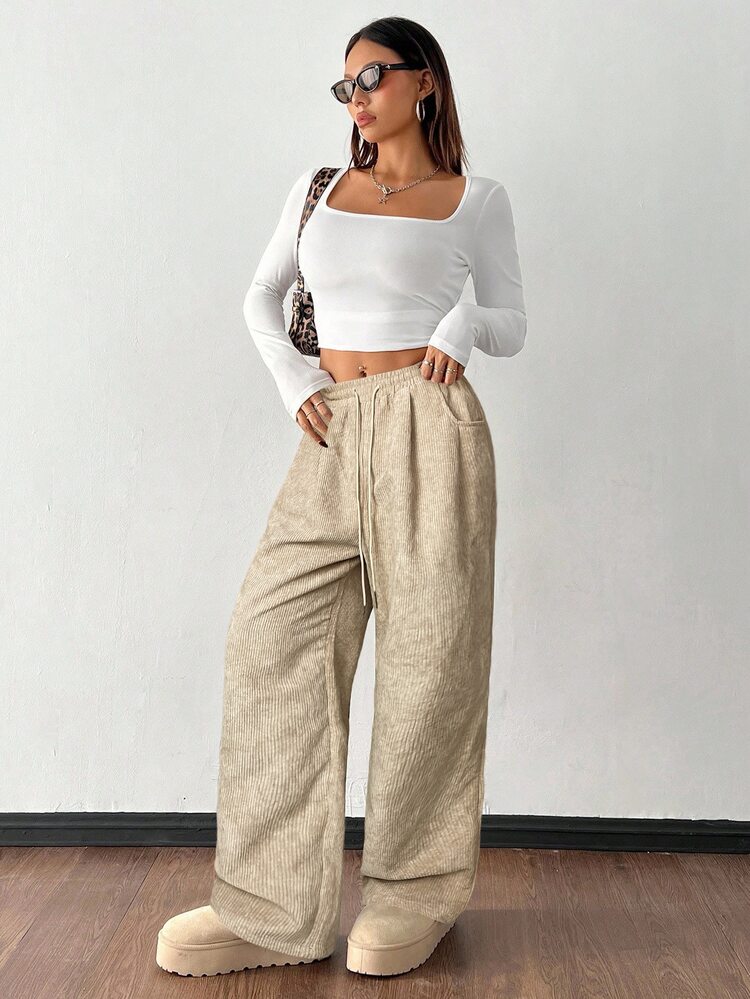 SHEIN PETITE Women's Autumn And Winter Street Fashion Casual Retro Corduroy Textured Pants Knit Elastic Waist Baggy Women Linen Loose Pants,Fall For,Petite Women - Khaki - View 5