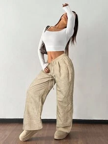 SHEIN PETITE 女款秋冬街頭時尚休閒復古燈芯絨紋理褲，針織鬆緊腰寬鬆女用亞麻寬腿褲，適合嬌小女性 - 卡其色 - 查看 4
