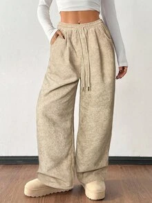 SHEIN PETITE 女款秋冬街頭時尚休閒復古燈芯絨紋理褲，針織鬆緊腰寬鬆女用亞麻寬腿褲，適合嬌小女性 - 卡其色 - 查看 3