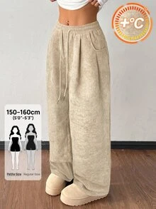 SHEIN PETITE 女款秋冬街頭時尚休閒復古燈芯絨紋理褲，針織鬆緊腰寬鬆女用亞麻寬腿褲，適合嬌小女性 - 卡其色 - 查看 1