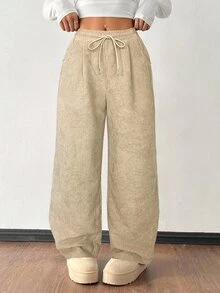 SHEIN PETITE 女款秋冬街頭時尚休閒復古燈芯絨紋理褲，針織鬆緊腰寬鬆女用亞麻寬腿褲，適合嬌小女性 - 卡其色 - 查看 6