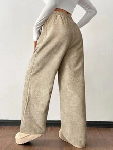 SHEIN PETITE 女款秋冬街頭時尚休閒復古燈芯絨紋理褲，針織鬆緊腰寬鬆女用亞麻寬腿褲，適合嬌小女性 - 卡其色 - 查看 2