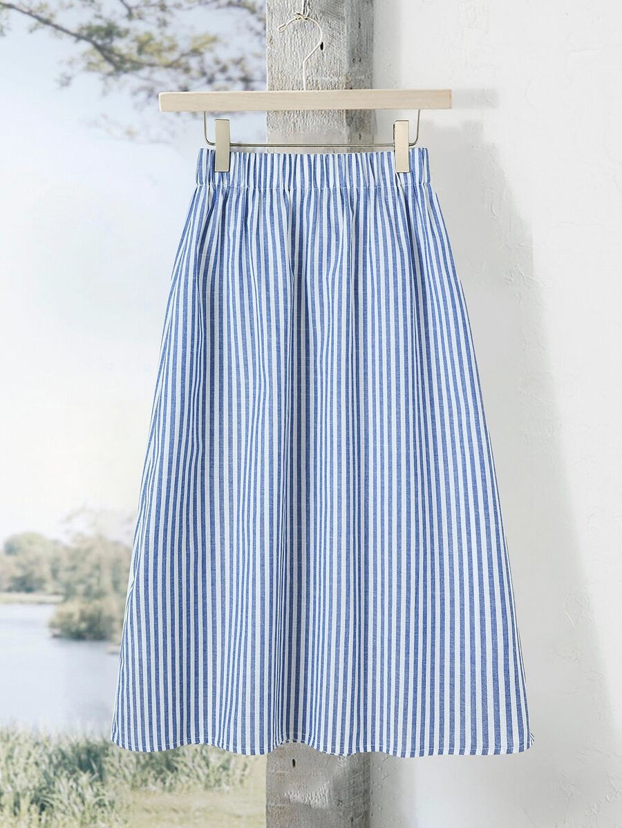 Rusticease Women's Stretch Waist Vertical Striped Casual Skirt, Suitable For Autumn And Winter. - Blue and White - View 1