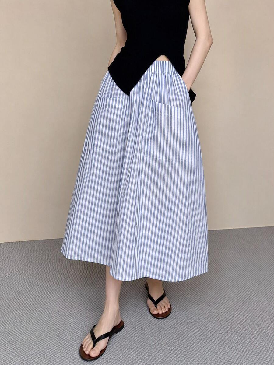 Rusticease Women's Stretch Waist Vertical Striped Casual Skirt, Suitable For Autumn And Winter. - Blue and White - View 1