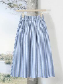 Rusticease Women's Stretch Waist Vertical Striped Casual Skirt, Suitable For Autumn And Winter. - Blue and White - View 5