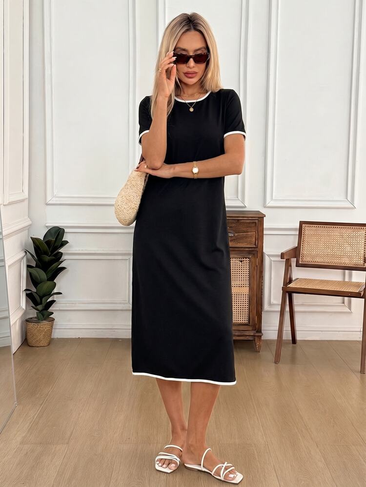 Easowa Women's Trimmed Round Neck Short Sleeve Side Slit Hem Midi Dress Vacation Black And White Checkered Summer Casual Brunch - Black and White - View 5