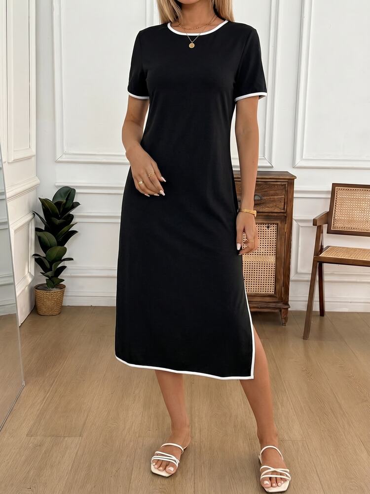 Easowa Women's Trimmed Round Neck Short Sleeve Side Slit Hem Midi Dress Vacation Black And White Checkered Summer Casual Brunch - Black and White - View 6