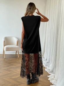 Easowa 女款時尚黑色花卉夏季蕾絲拼接無袖長洋裝，休閒外出穿搭，純色柔軟度假風，適合派對、夜晚外出 - 黑色 - 查看 3
